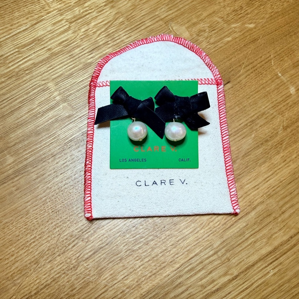 Clare V Elegant Black Bow Earrings with Pearl Accent